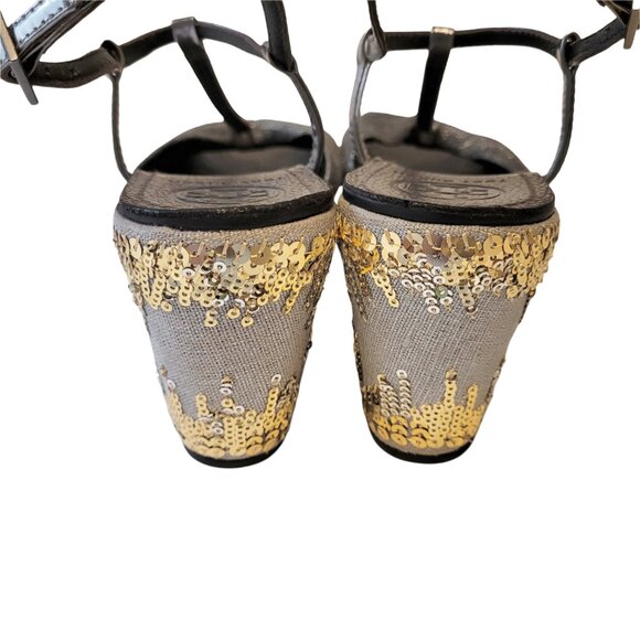 Tory Burch Declan 2 T Strap Sequin Wedges - Picture 5 of 10